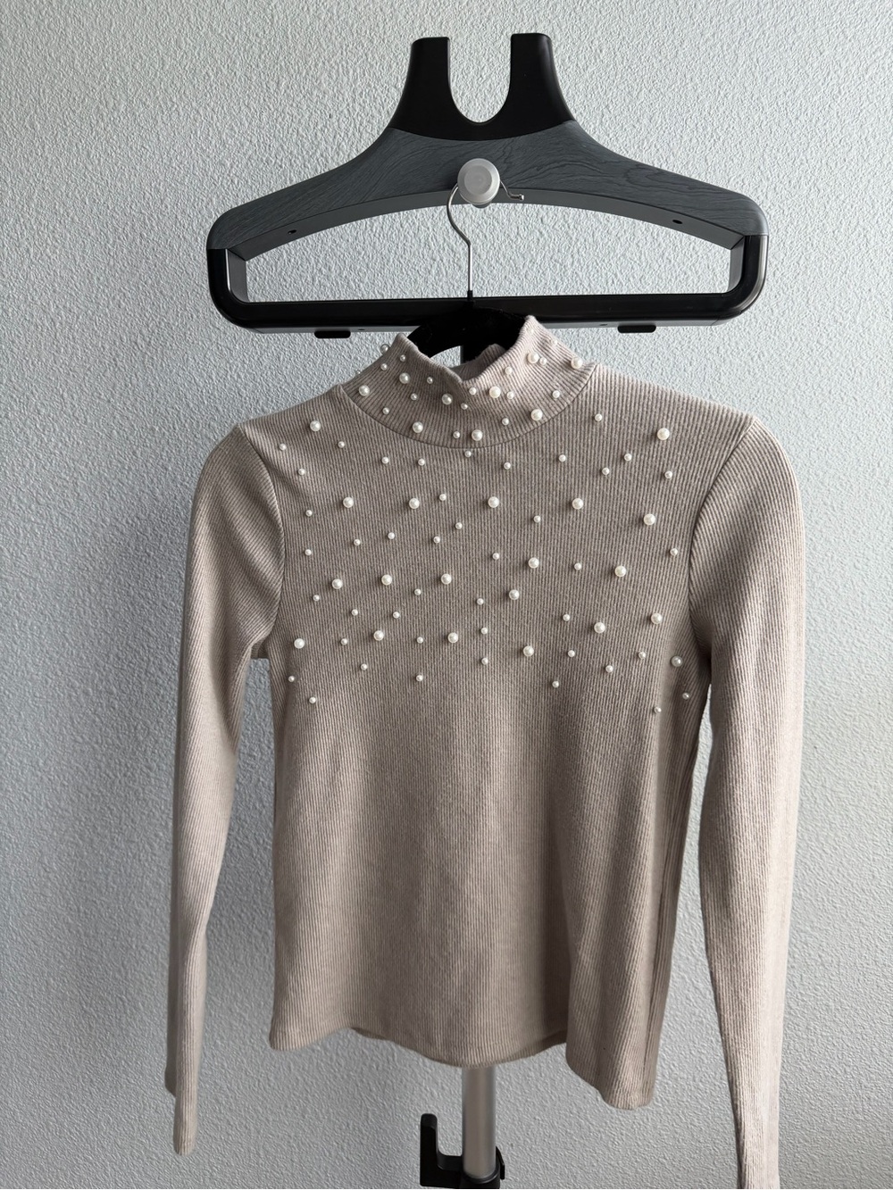 NWOT ZARA Pearl-Embellished Mock Neck Sweater in Light Beige